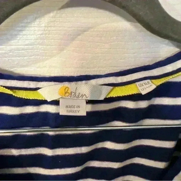 Boden USA Boden Blue White Striped Dress Yellow Ruffle Sleeves Vneck - Picture 4 of 4